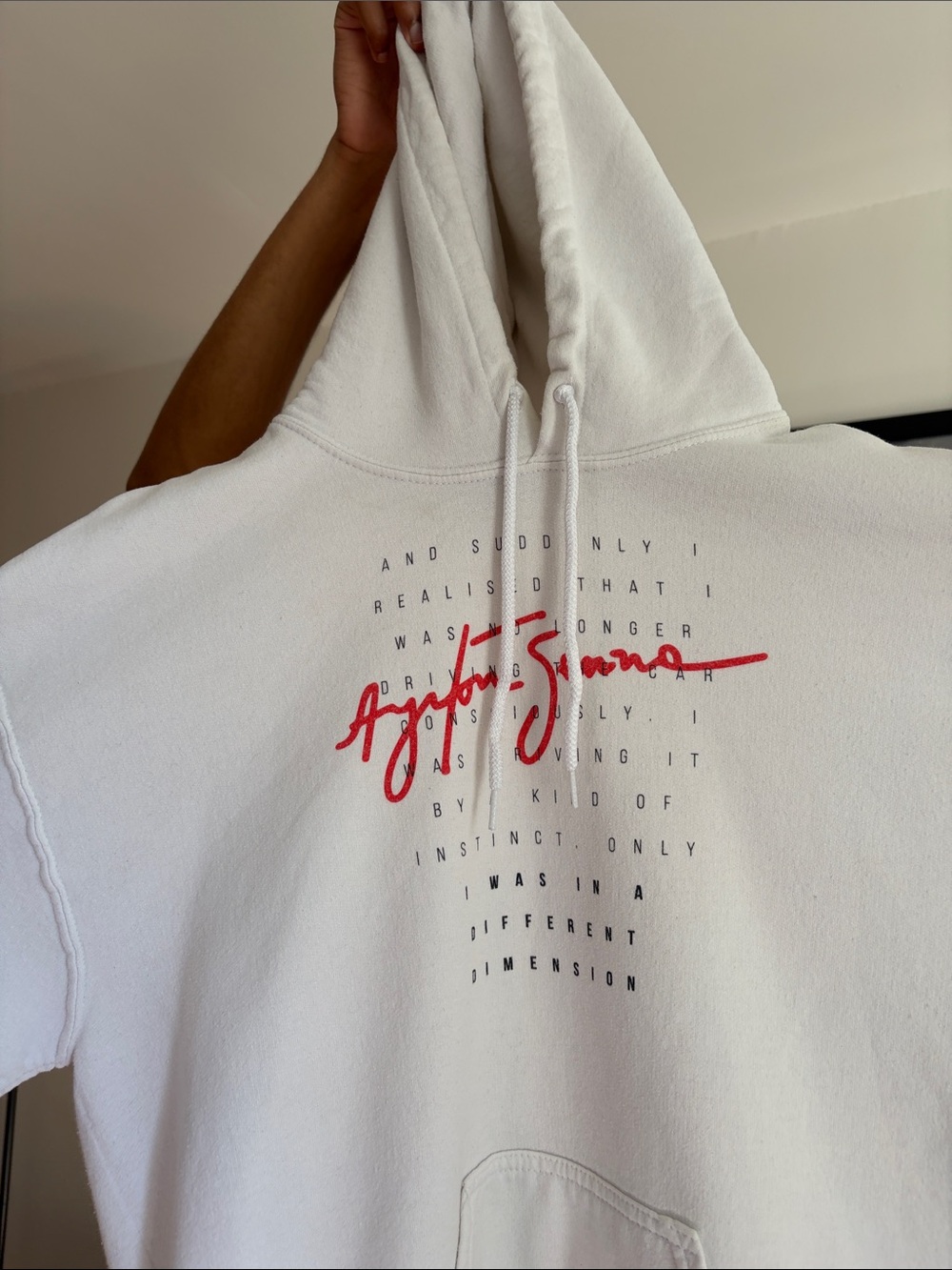 Ayrton Senna White Hoodie with Red Script Graphic